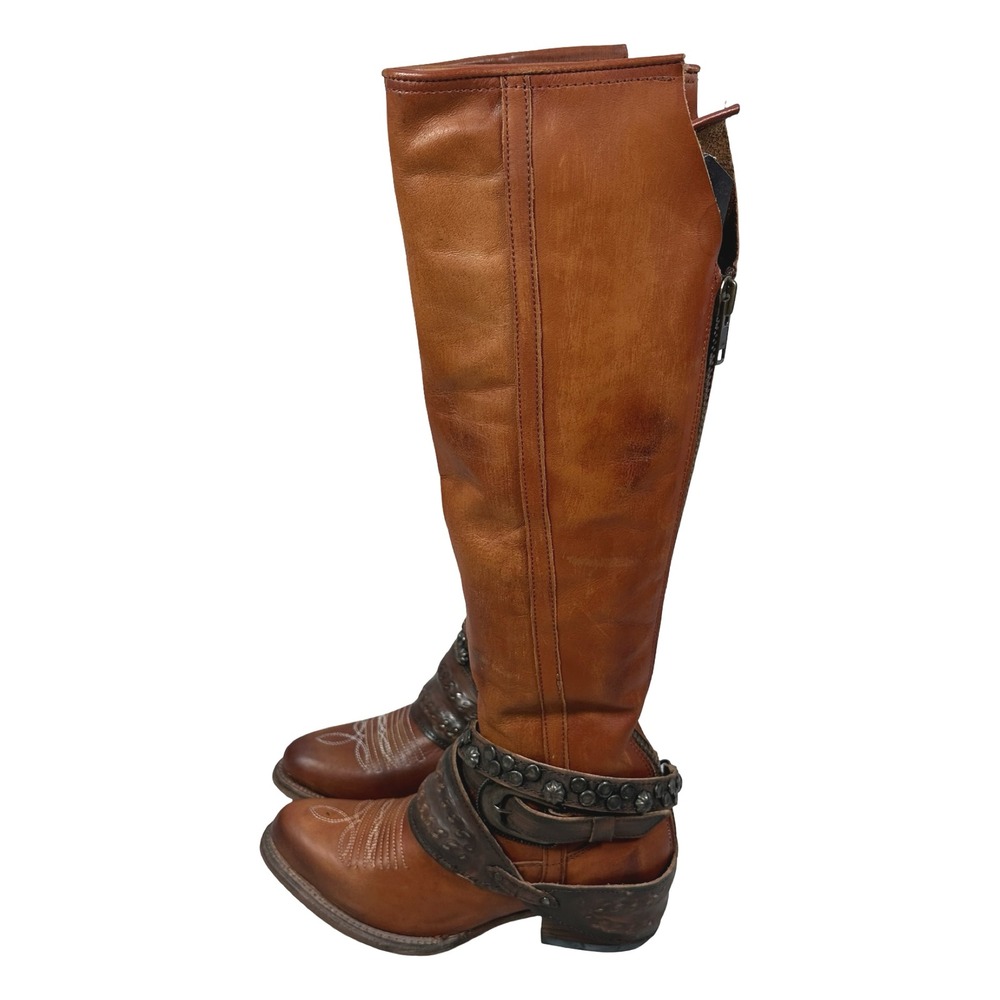 Freebird Steven Rodondo Whiskey Leather Tall Western Boots Women 7 Studded Zip - Picture 4 of 14